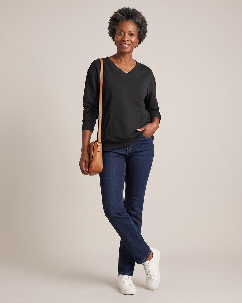 V-Neck Pocket Sweatshirt worn by a model