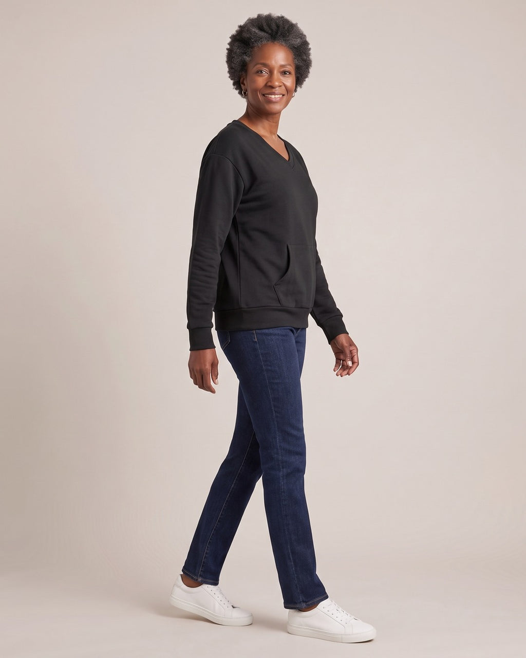 V-Neck Pocket Sweatshirt worn by a model, side view