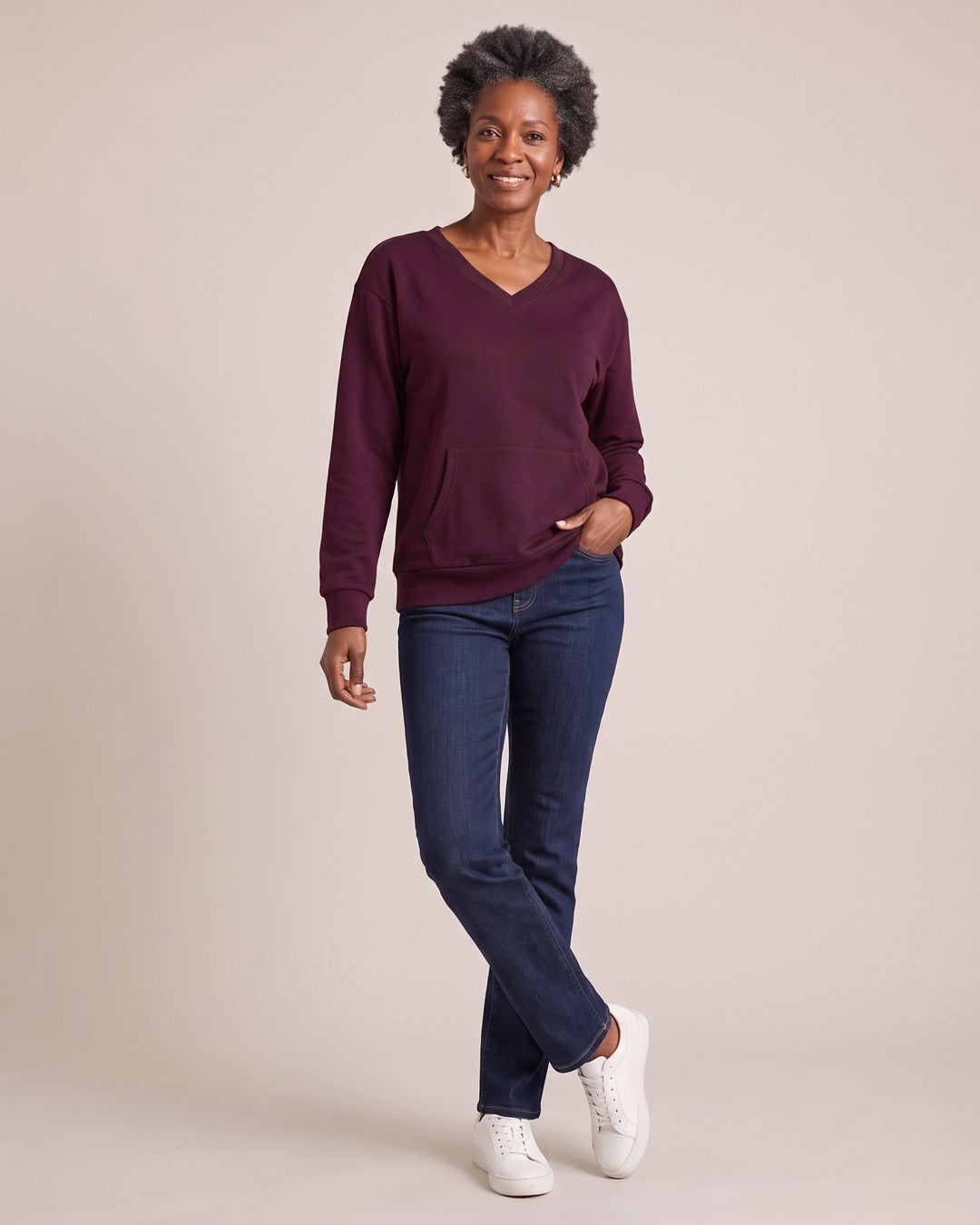 V-Neck Pocket Sweatshirt worn by a model, Plum