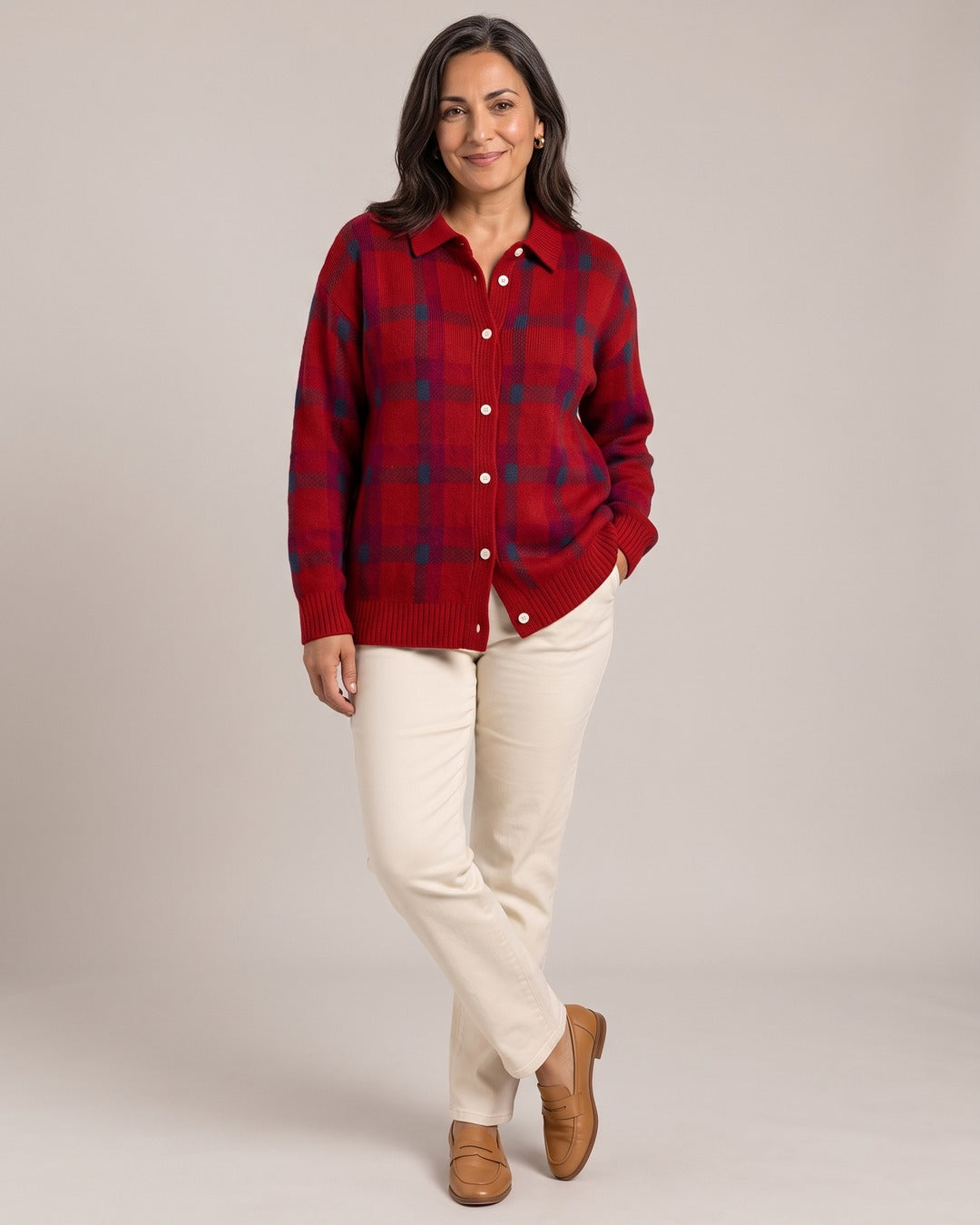 Check Knit Cardigan worn by a model