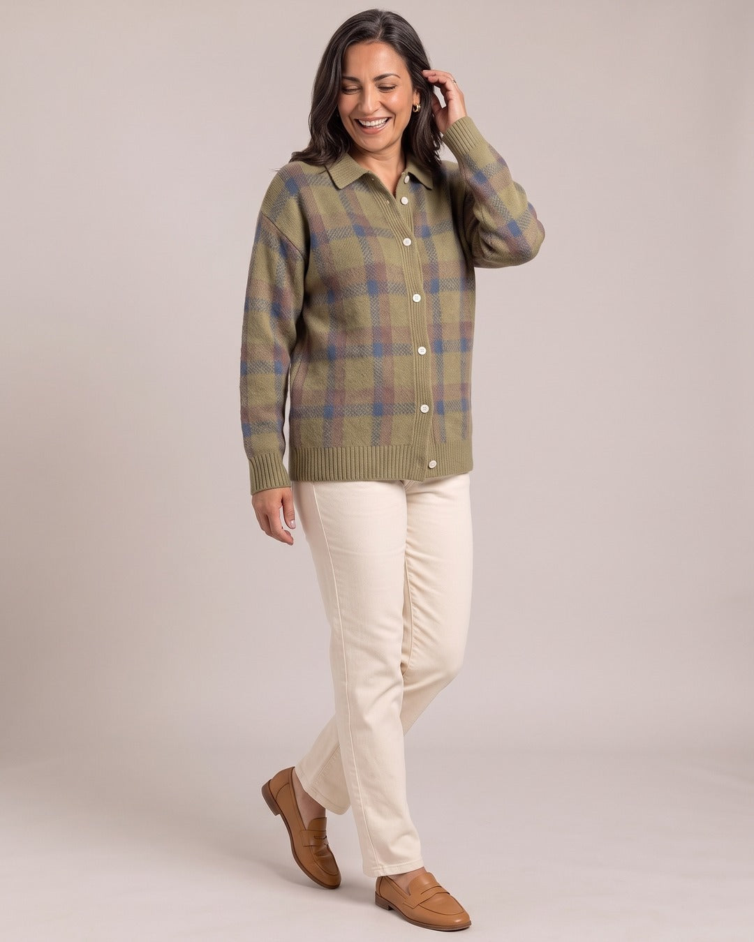 Check Knit Cardigan worn by a model, Camel Check