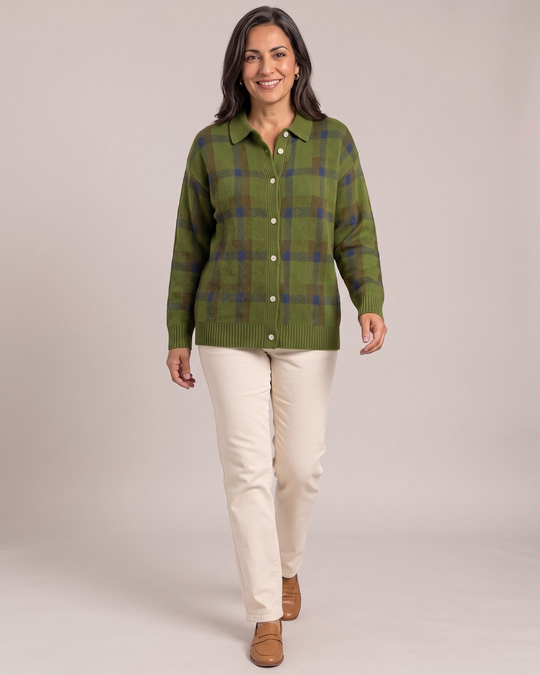 Check Knit Cardigan worn by a model, Olive Check