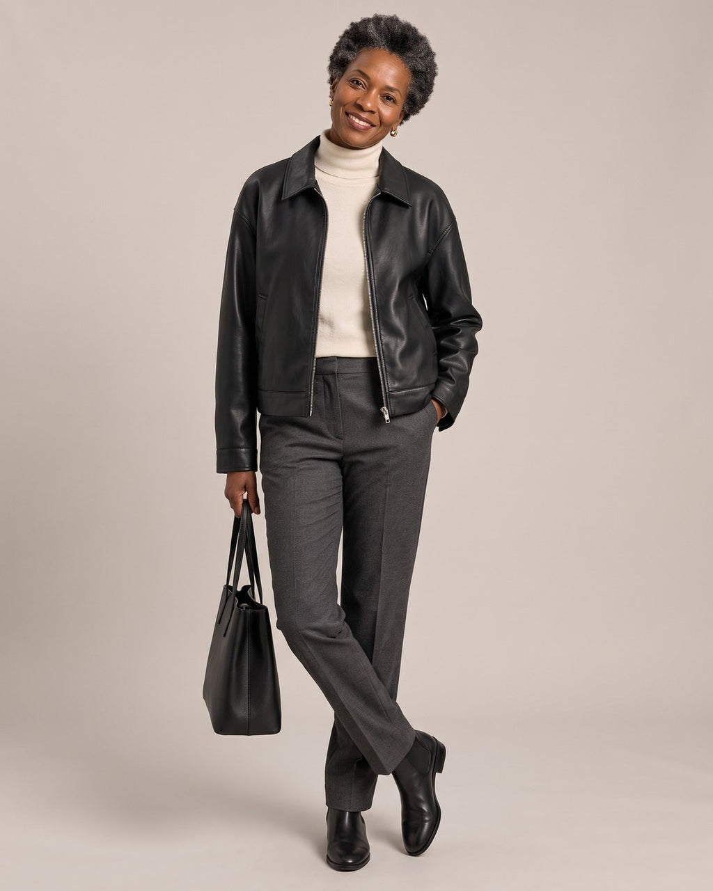 Collared Leather-Look Zip Jacket worn by a model