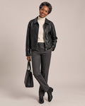 Collared Leather-Look Zip Jacket worn by a model