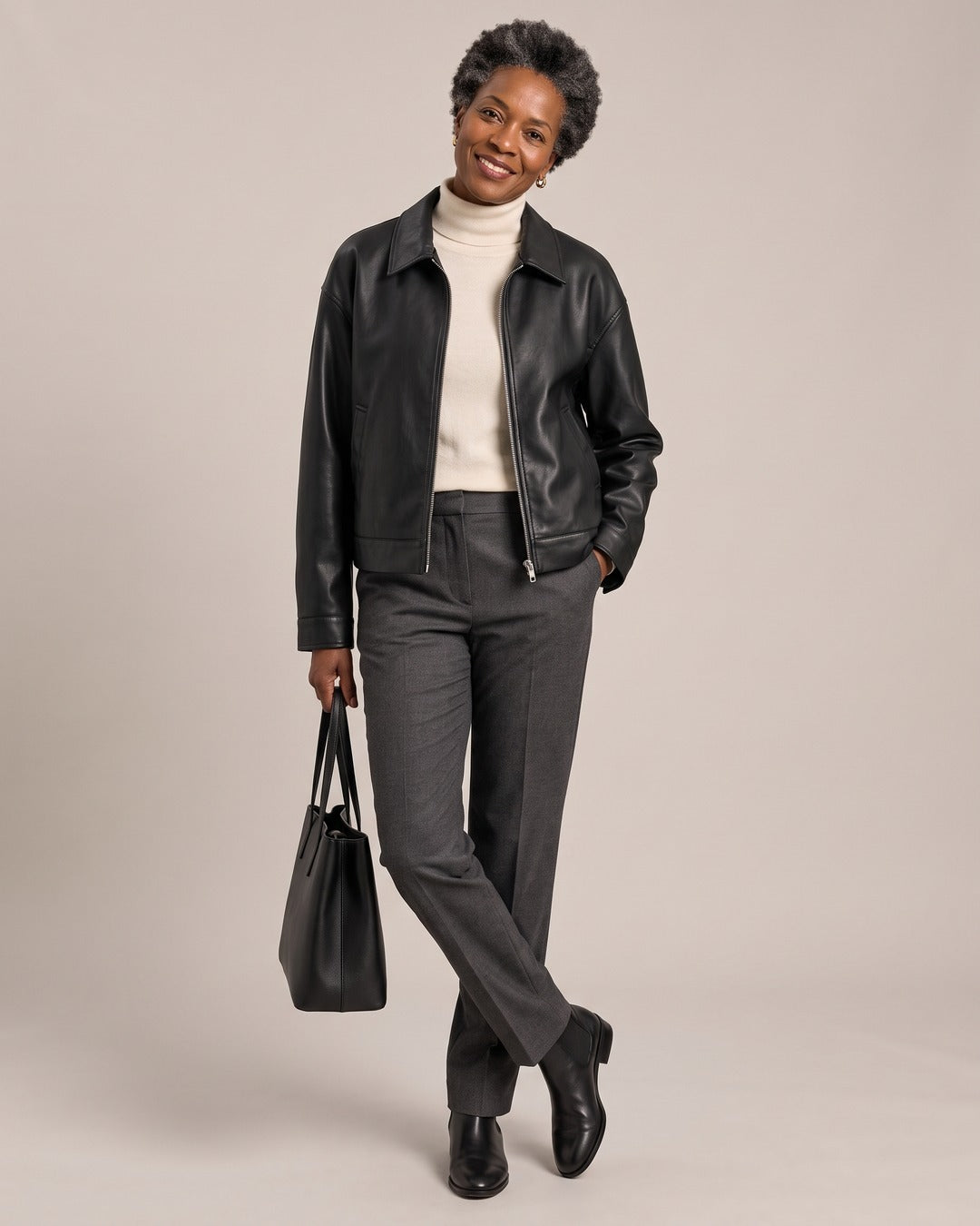 Collared Leather-Look Zip Jacket worn by a model