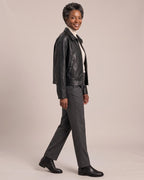 Collared Leather-Look Zip Jacket worn by a model, side view