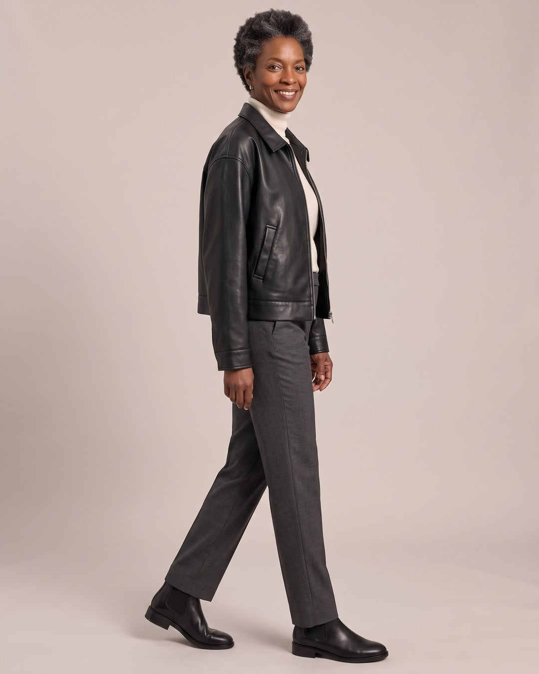 Collared Leather-Look Zip Jacket worn by a model, side view