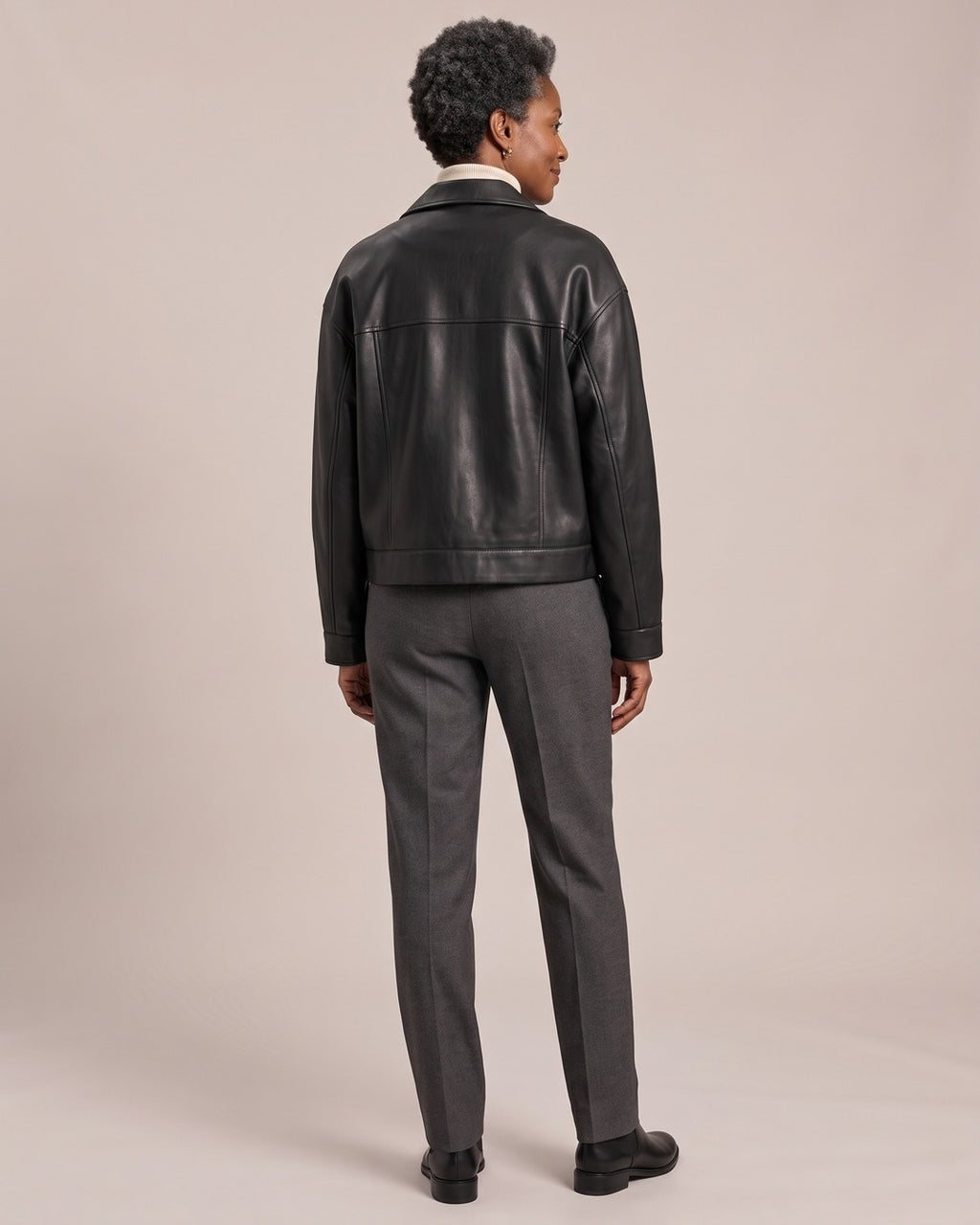 Collared Leather-Look Zip Jacket worn by a model, back view