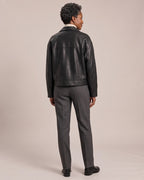 Collared Leather-Look Zip Jacket worn by a model, back view