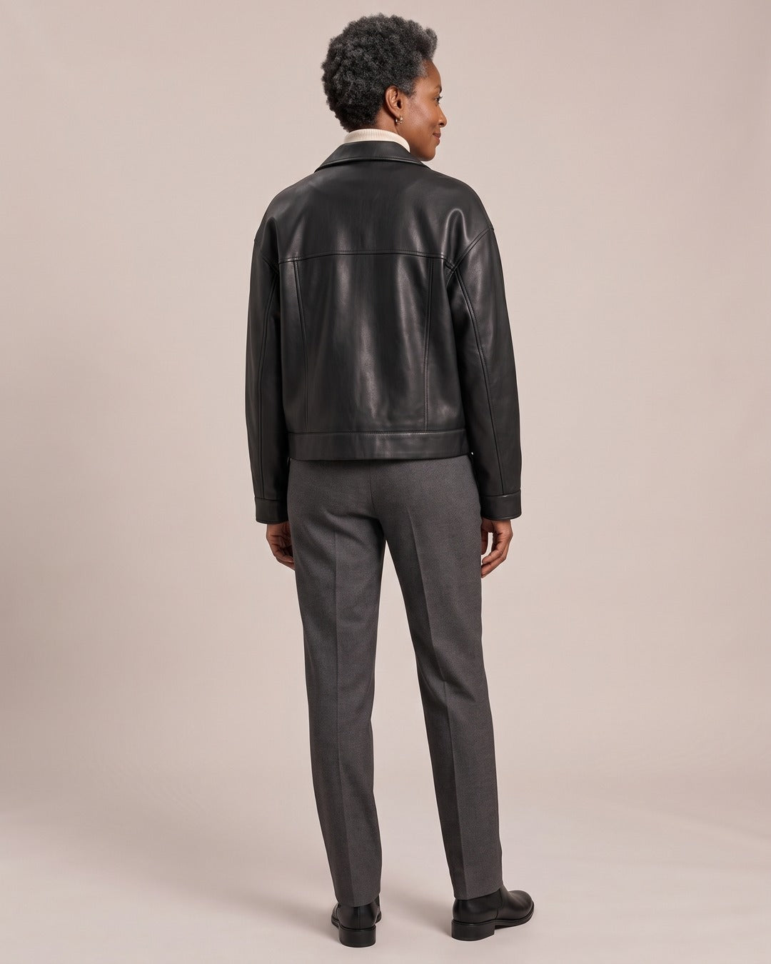Collared Leather-Look Zip Jacket worn by a model, back view