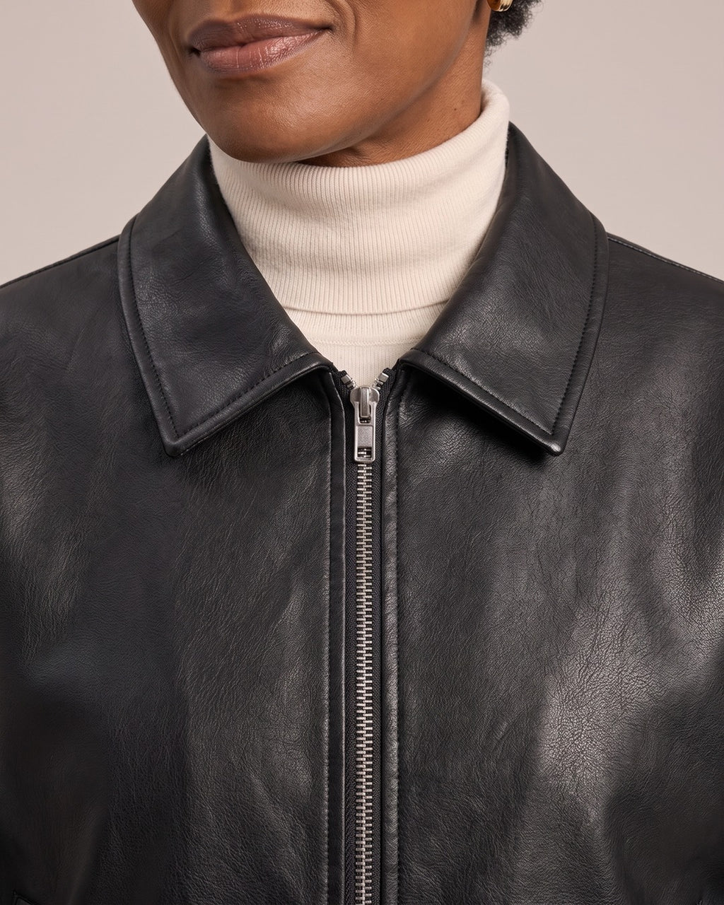 Collared Leather-Look Zip Jacket close-up detail