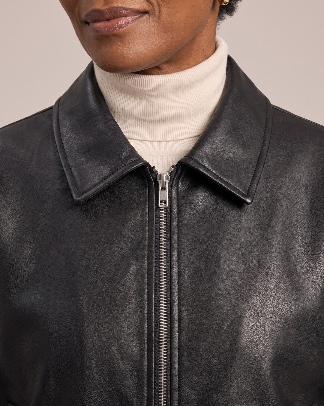 Collared Leather-Look Zip Jacket close-up detail