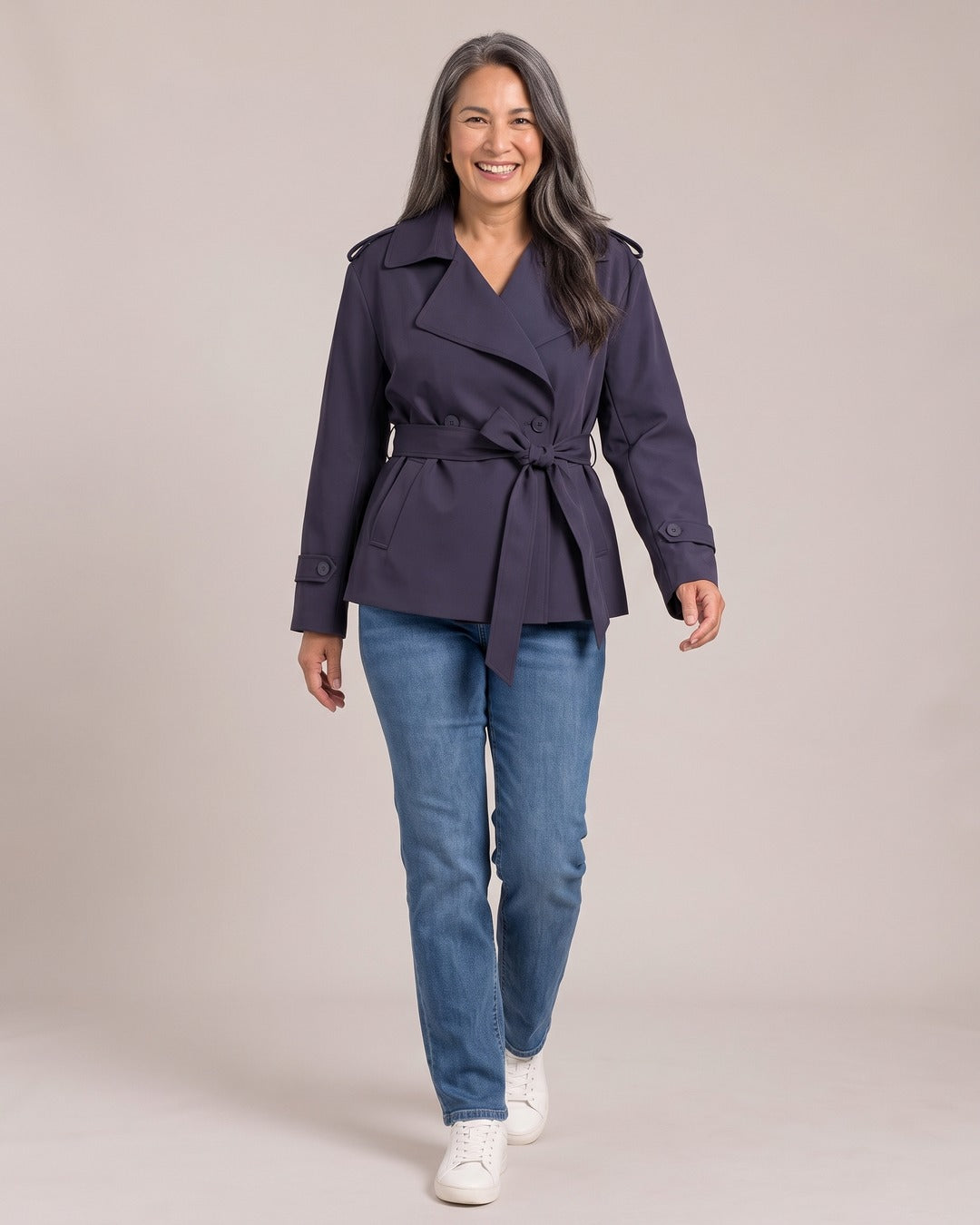 Belted Trench Jacket worn by a model, Blue