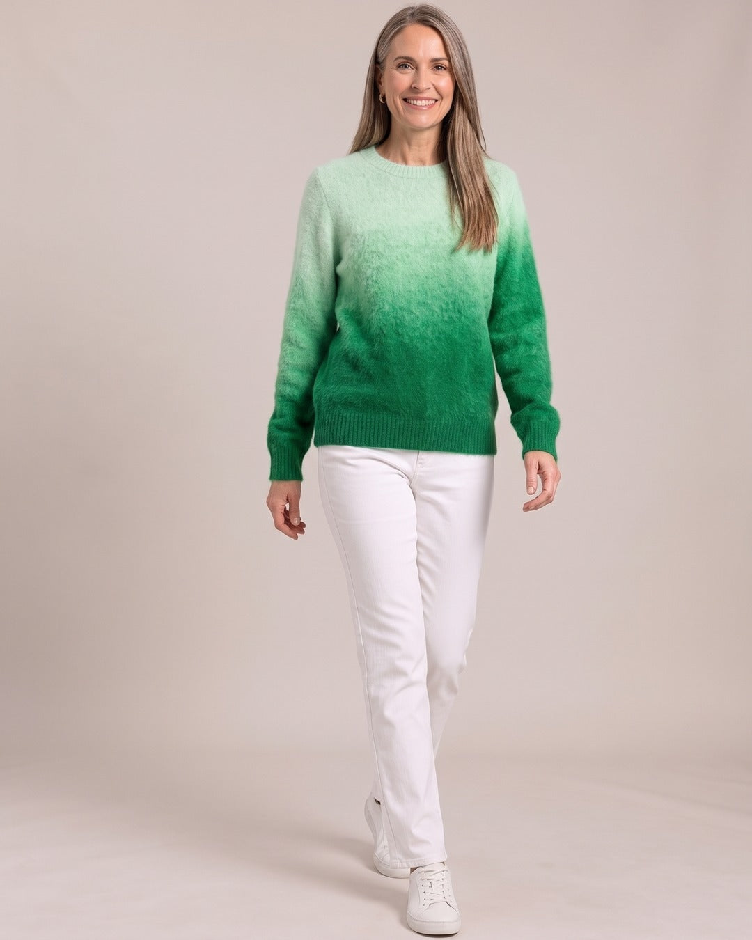 Ombré Fluffy Knit Jumper worn by a model, Green Ombré