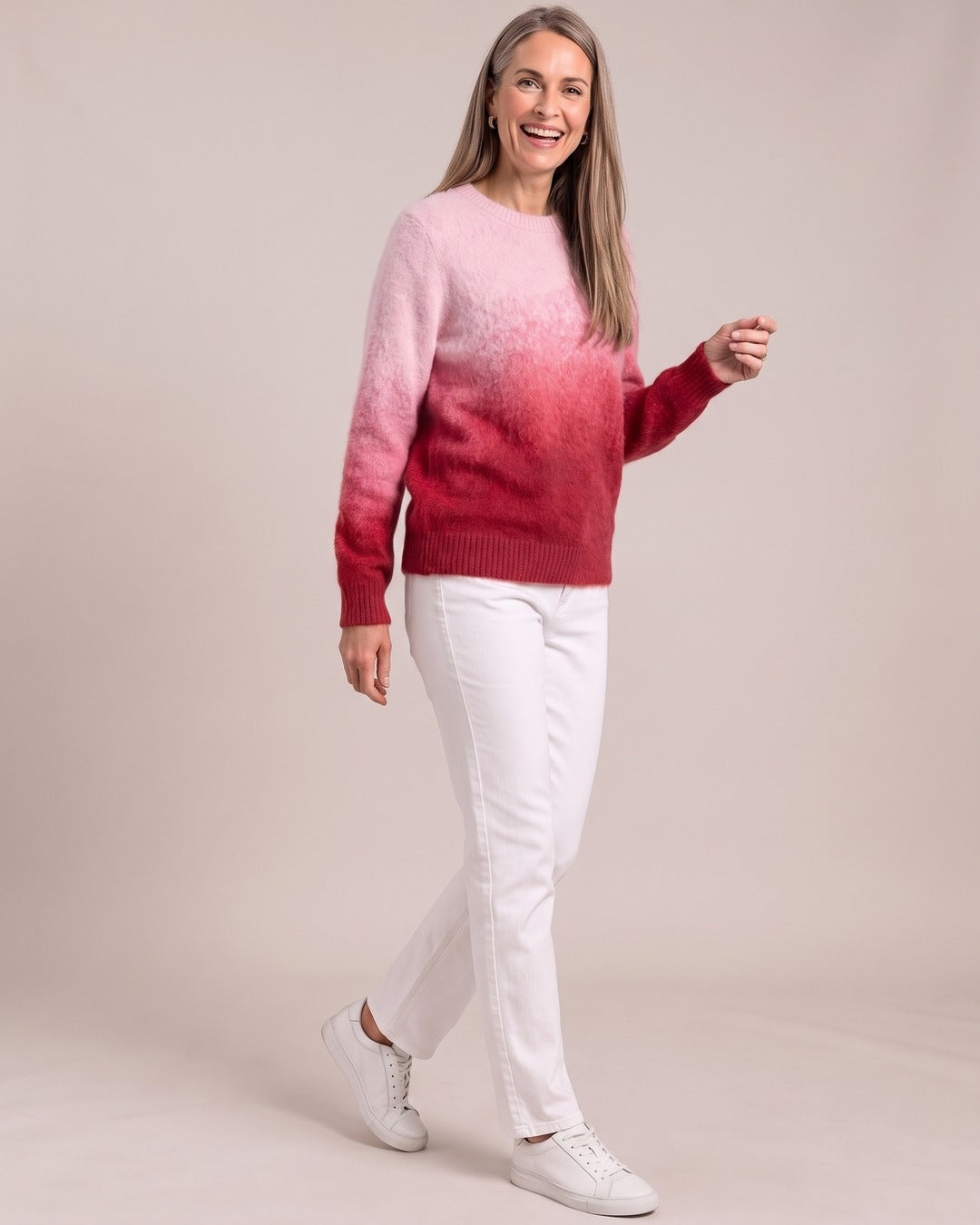 Ombré Fluffy Knit Jumper worn by a model, Red Ombré