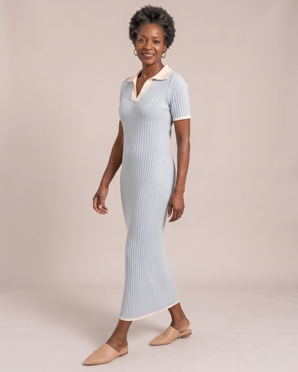 Ribbed Knit Polo Maxi Dress worn by a model, side view
