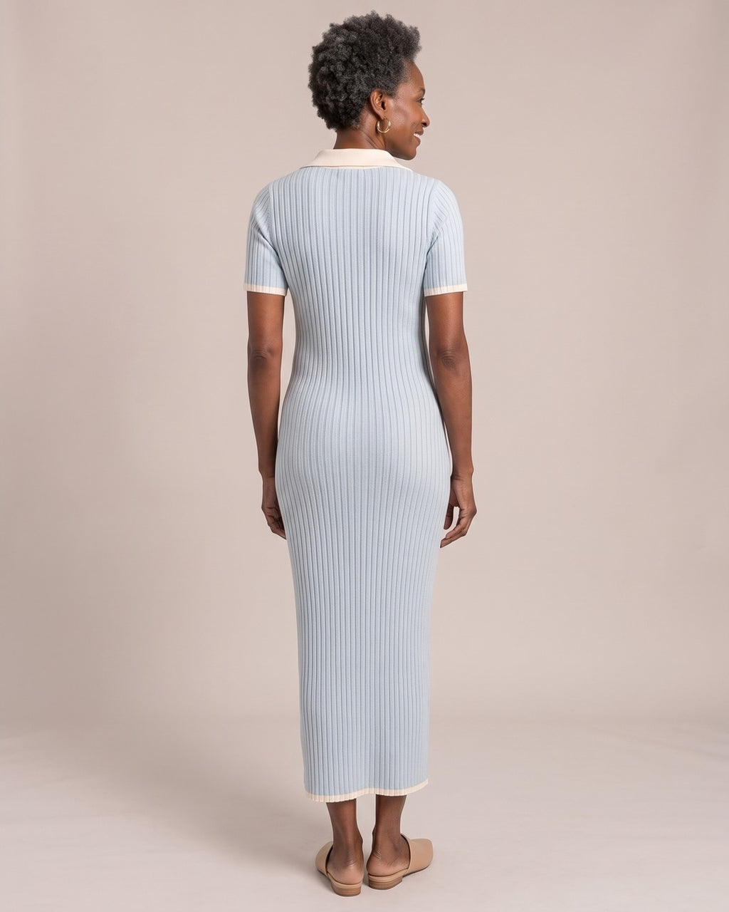 Ribbed Knit Polo Maxi Dress worn by a model, back view