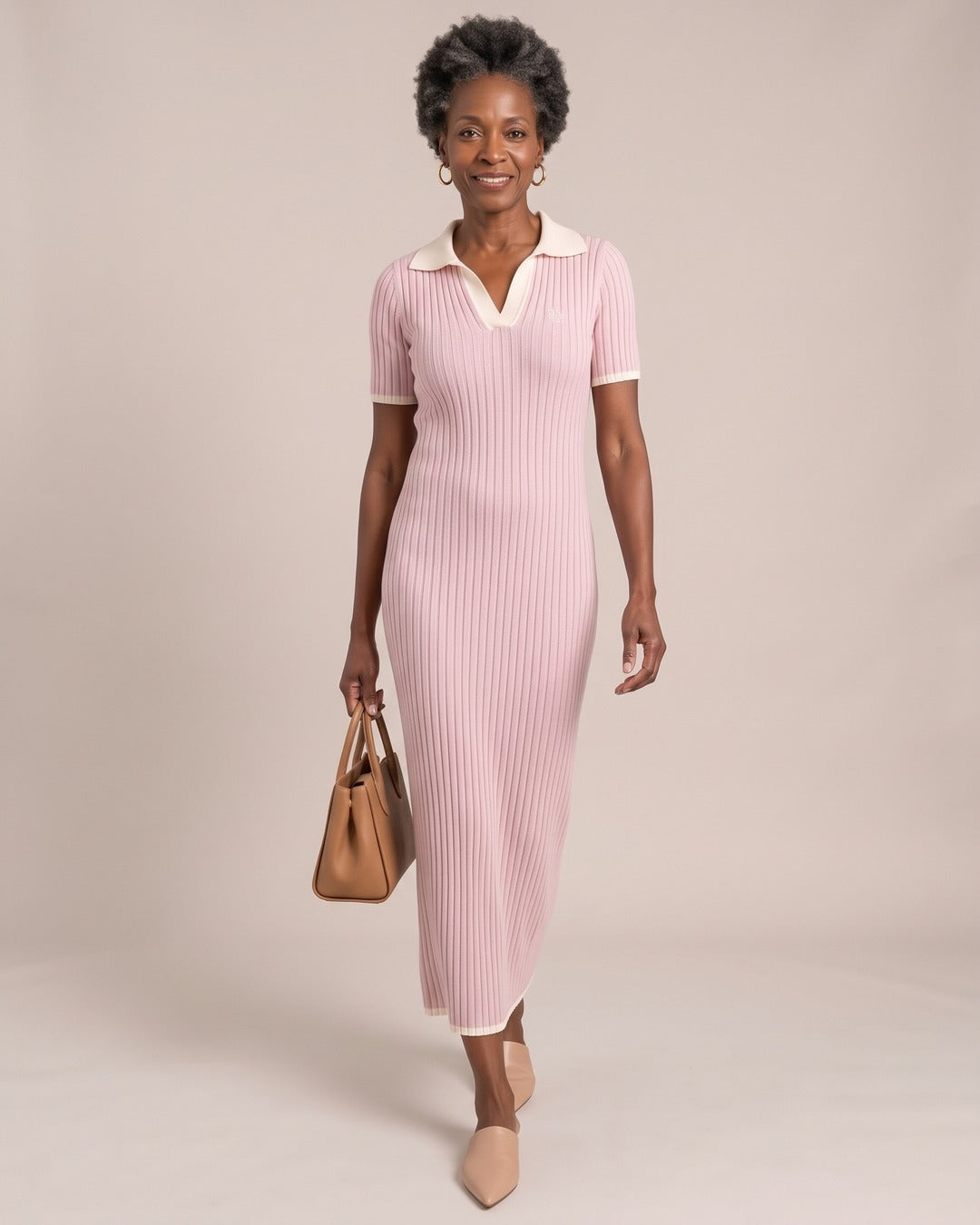 Ribbed Knit Polo Maxi Dress worn by a model, Pink