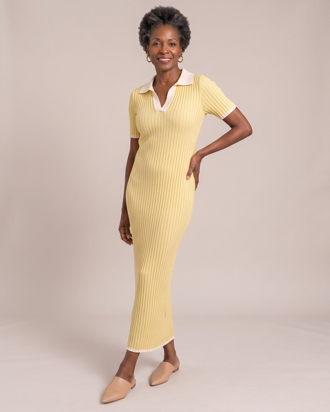 Ribbed Knit Polo Maxi Dress worn by a model, Yellow