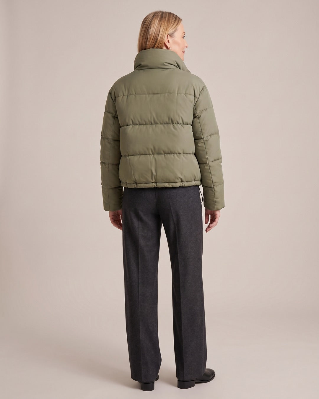 Cropped Puffer Jacket worn by a model, back view
