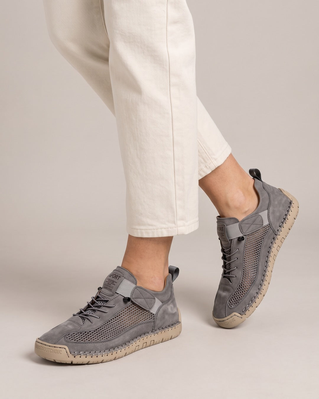 Breathable Mesh Strap Trainer in Grey, worn