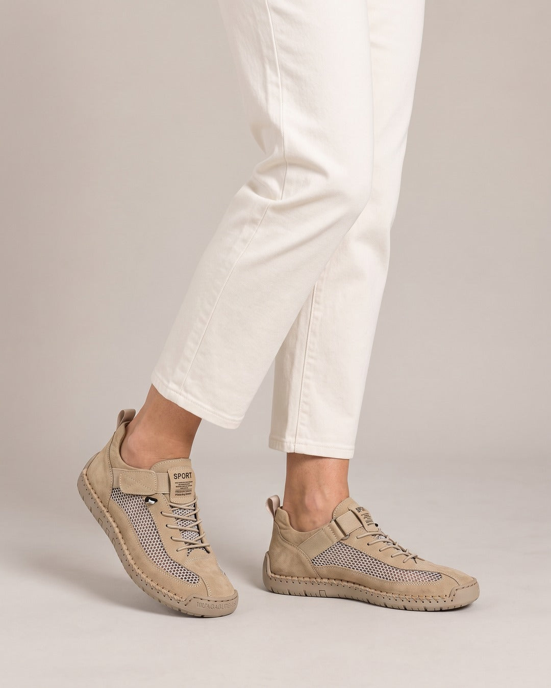 Breathable Mesh Strap Trainer in Khaki, worn