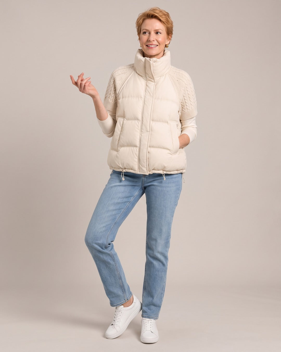 Knit-Shoulder Puffer Gilet worn by a model
