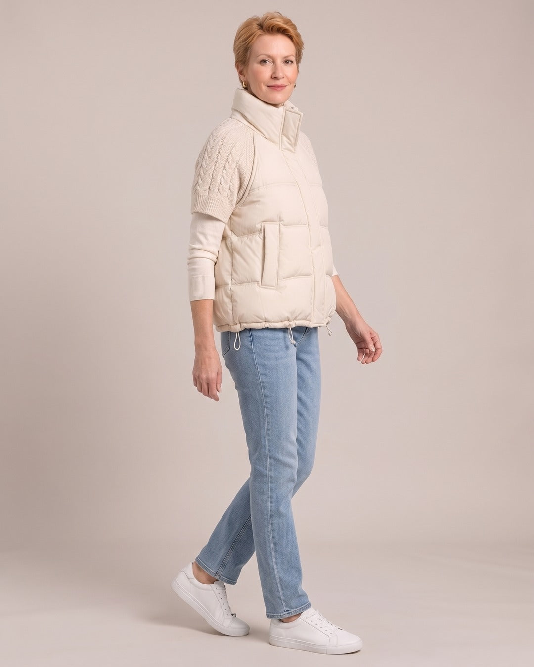 Knit-Shoulder Puffer Gilet worn by a model, side view, White