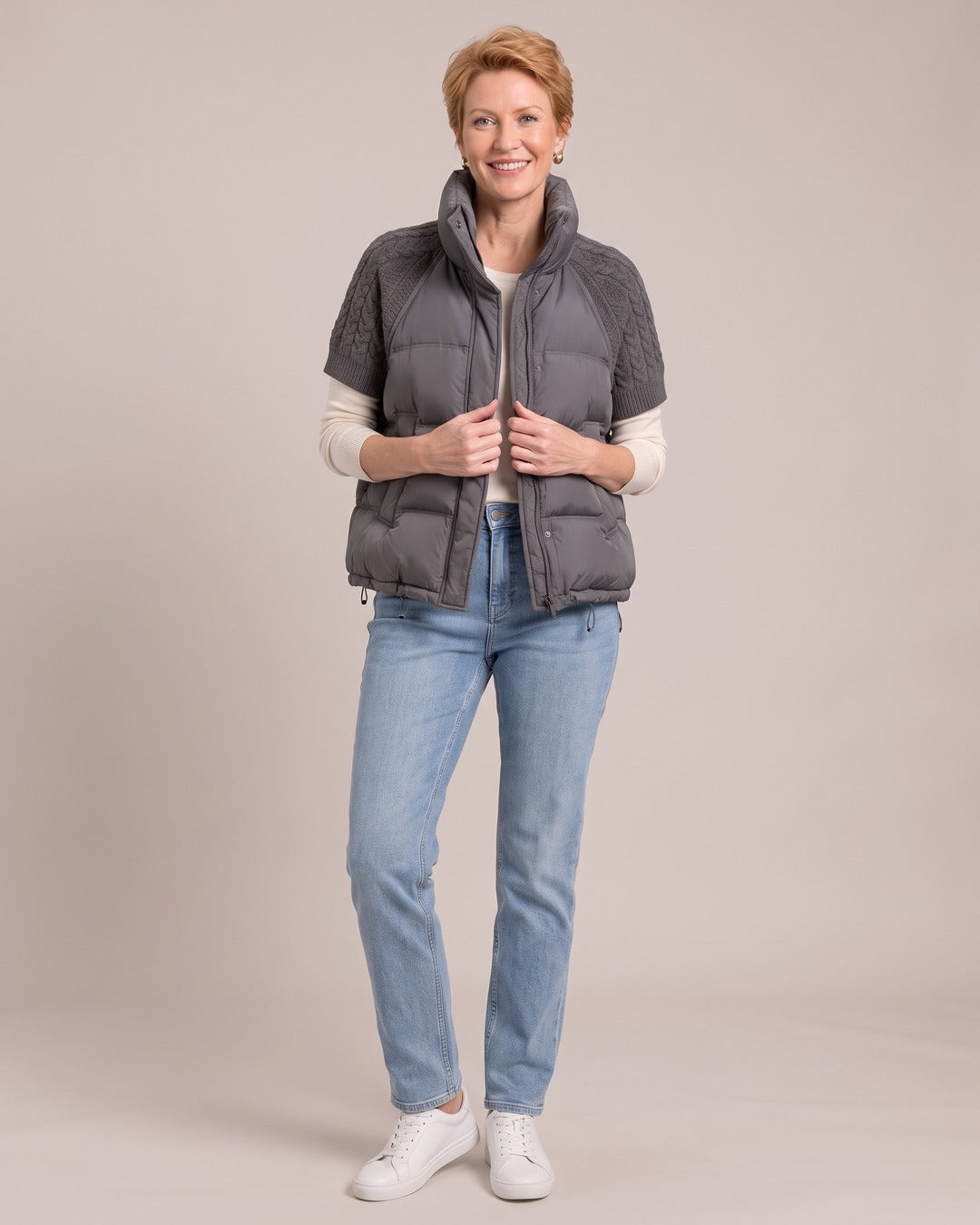 Knit-Shoulder Puffer Gilet worn by a model, Charcoal