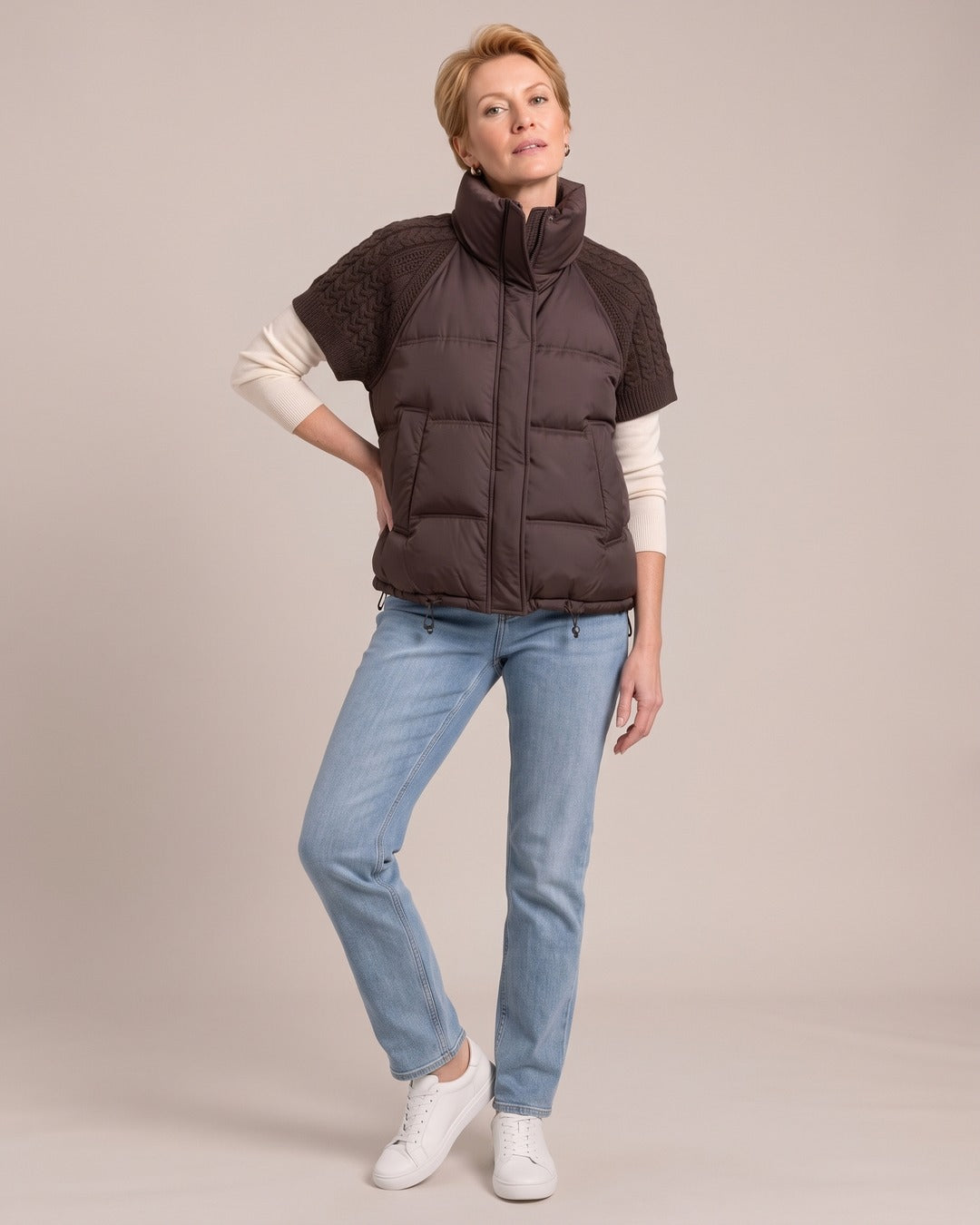 Knit-Shoulder Puffer Gilet worn by a model, Coffee