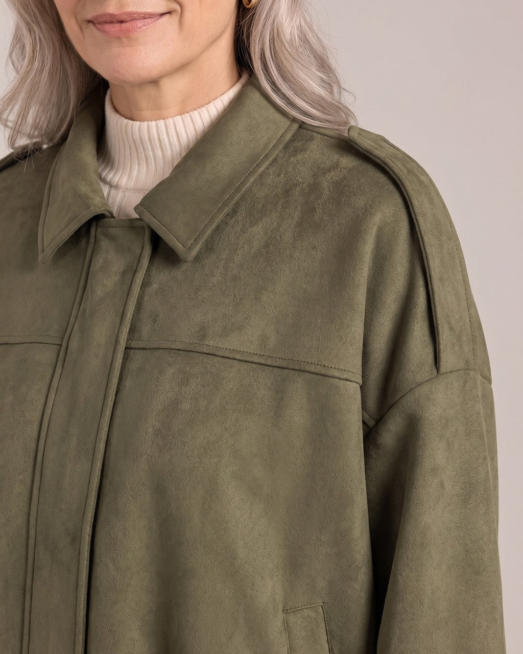 Suede Oversized Jacket close-up detail, Olive