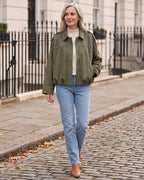Suede Oversized Jacket worn by a model, outdoors, Olive