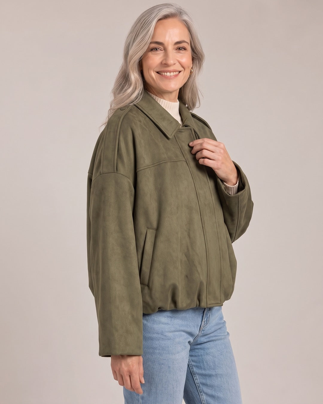 Suede Oversized Jacket worn by a model, half-length, Olive