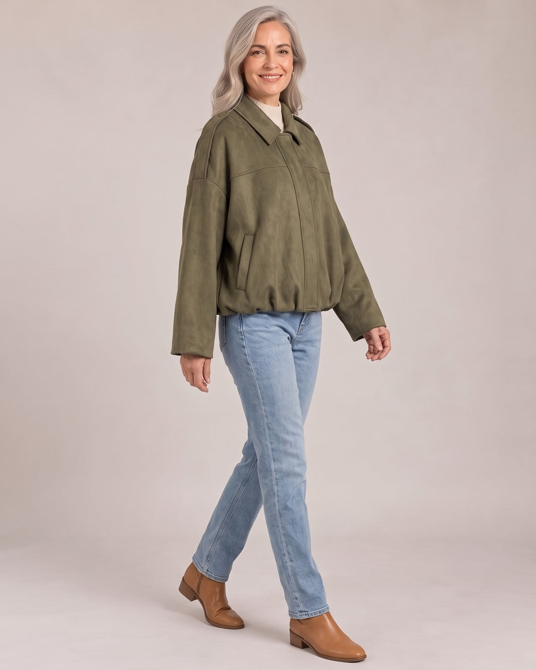 Suede Oversized Jacket worn by a model, side view, Olive