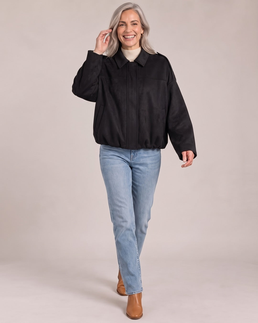 Suede Oversized Jacket worn by a model, Black