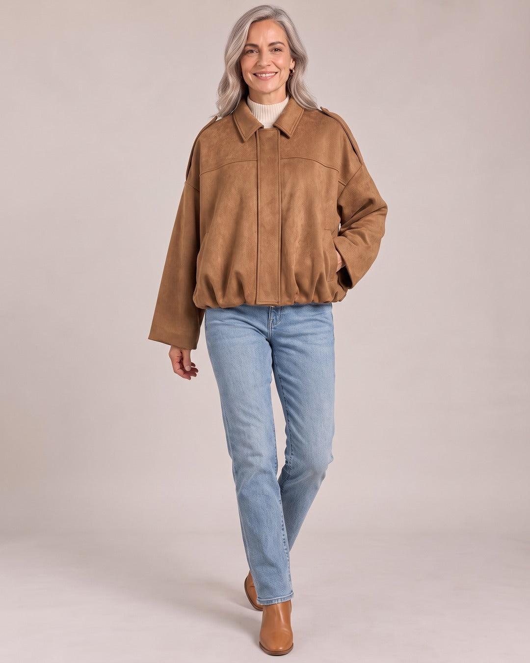 Suede Oversized Jacket worn by a model, Camel