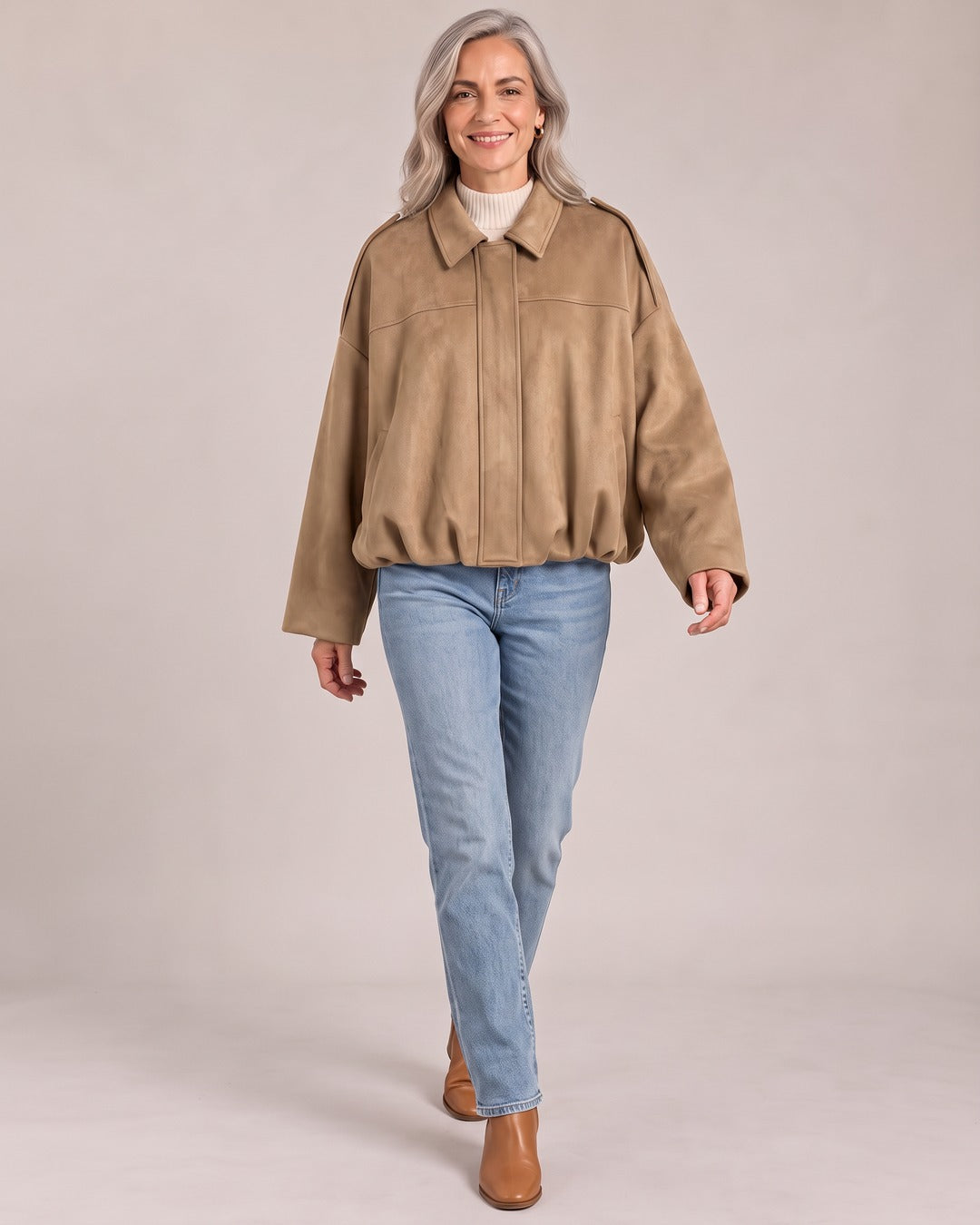 Suede Oversized Jacket worn by a model, Taupe