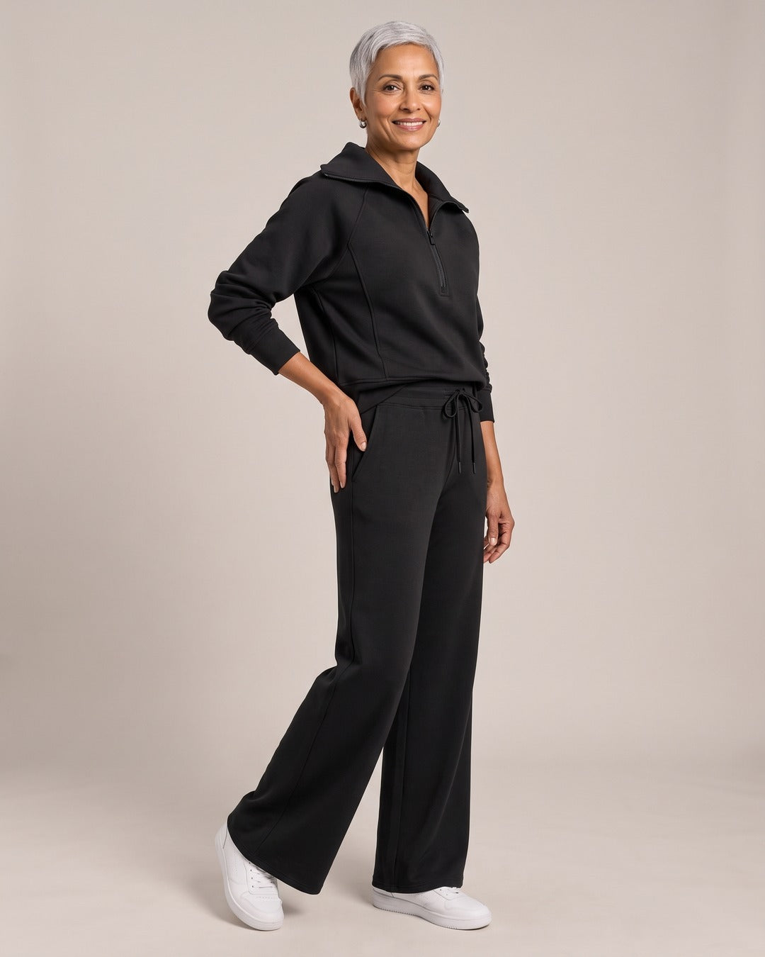 Half-Zip Sweatshirt & Wide-Leg Trouser Set worn by a model