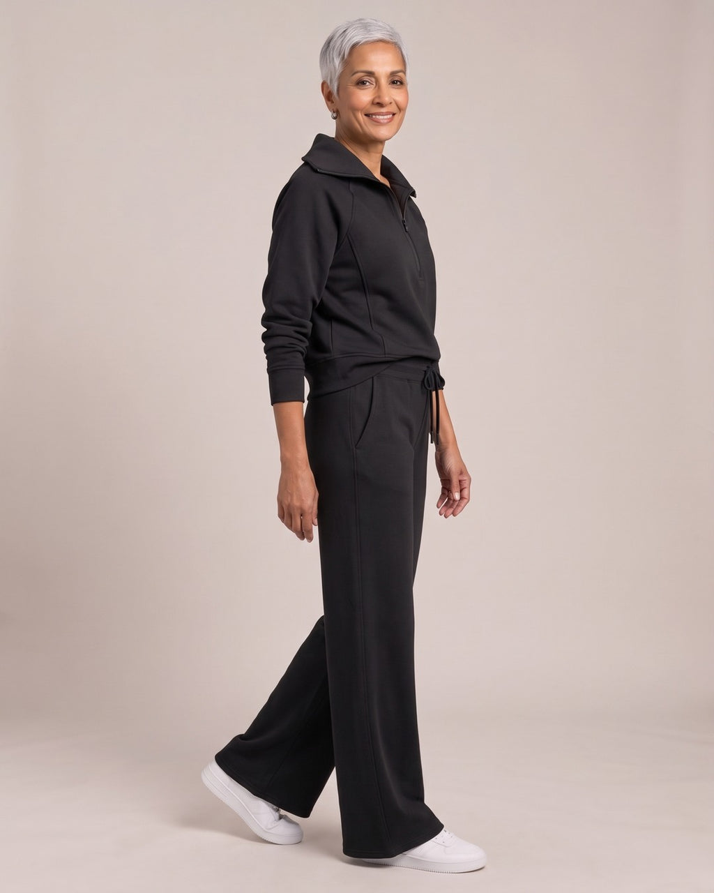 Half-Zip Sweatshirt & Wide-Leg Trouser Set worn by a model, side view