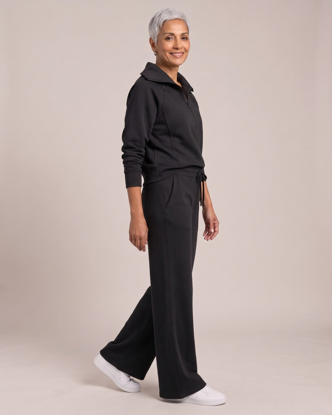 Half-Zip Sweatshirt & Wide-Leg Trouser Set worn by a model, side view