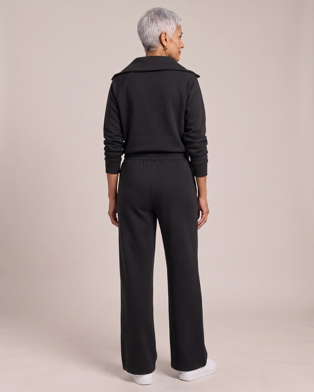 Half-Zip Sweatshirt & Wide-Leg Trouser Set worn by a model, back view