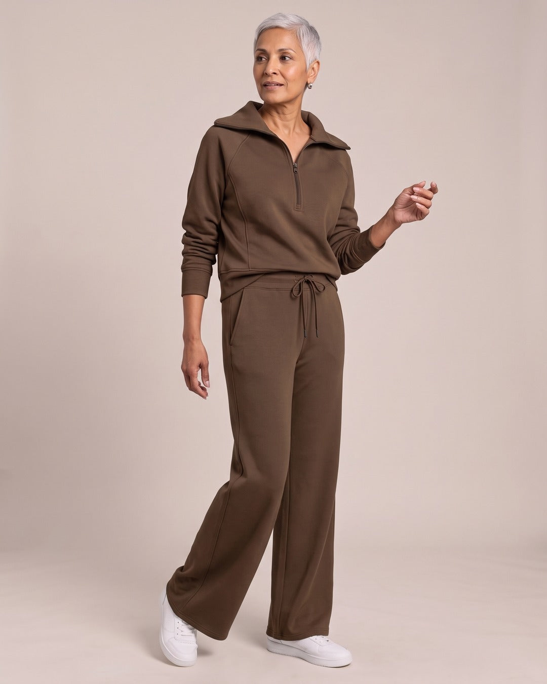 Half-Zip Sweatshirt & Wide-Leg Trouser Set worn by a model, Brown