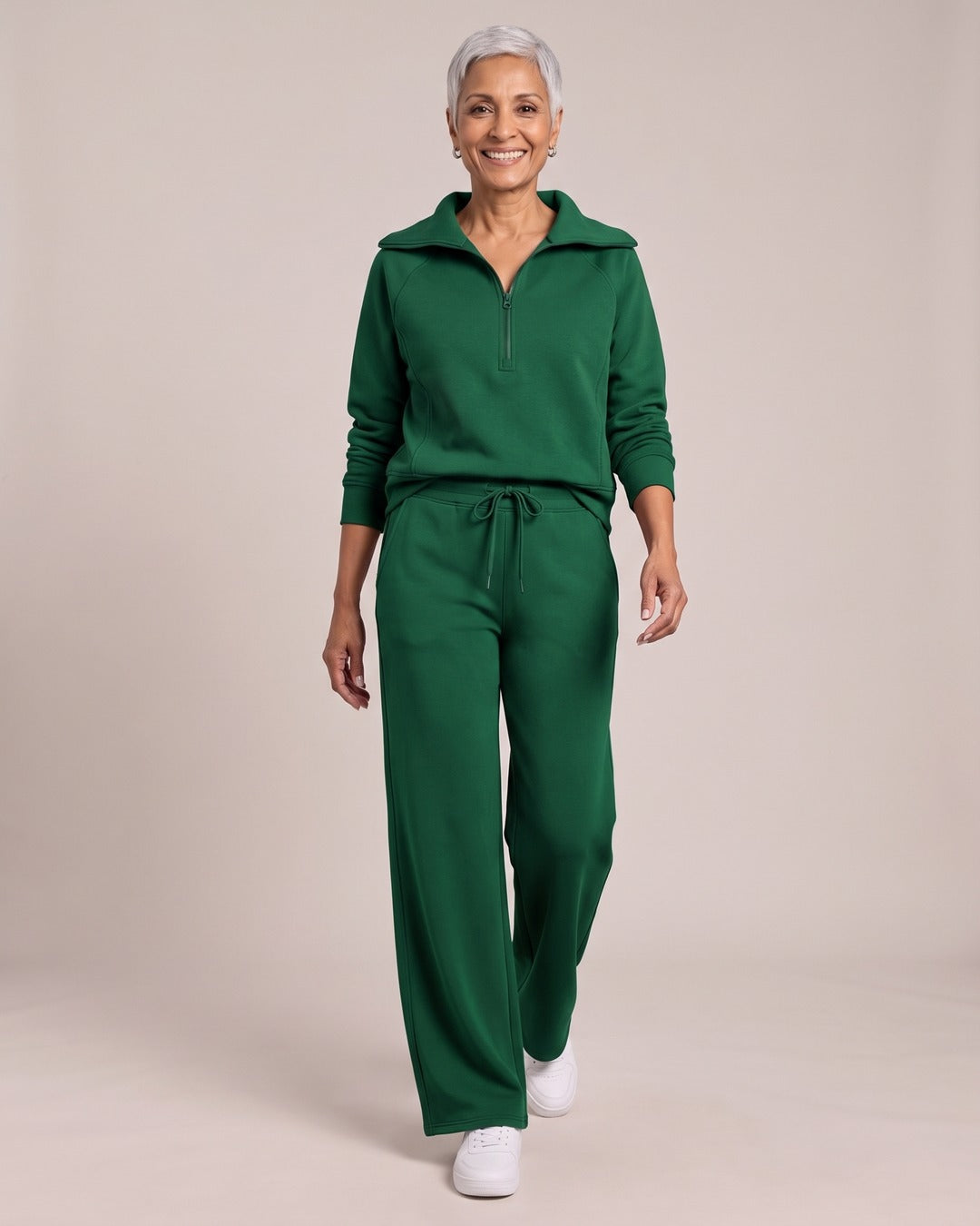 Half-Zip Sweatshirt & Wide-Leg Trouser Set worn by a model, Green