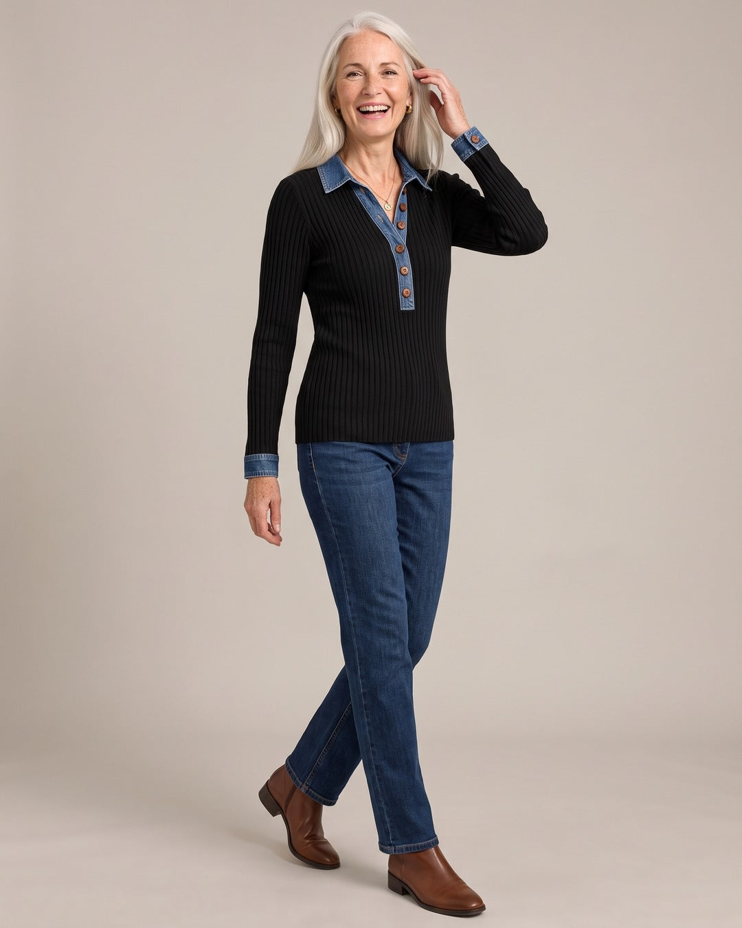 Ribbed Knit Top with Denim Collar worn by a model
