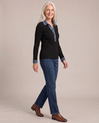 Ribbed Knit Top with Denim Collar worn by a model, side view