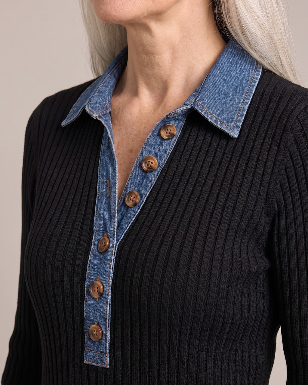 Ribbed Knit Top with Denim Collar close-up detail