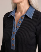 Ribbed Knit Top with Denim Collar close-up detail