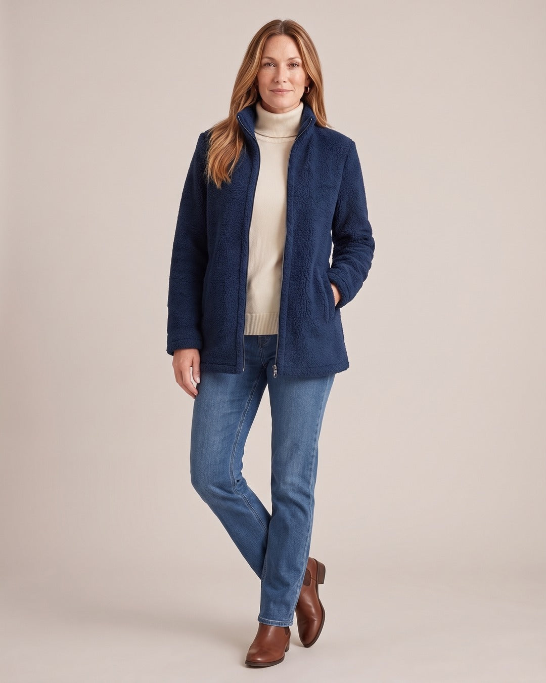 Fleece Sherpa Zip-Up Jacket worn by a model, Navy