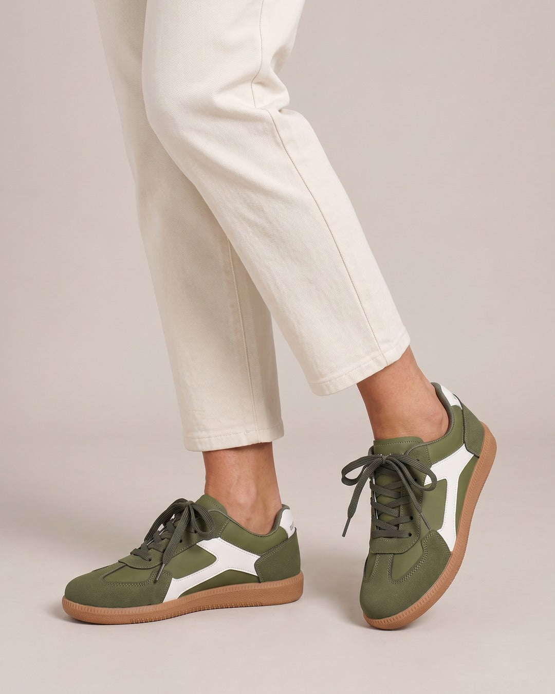 Colour-Block Retro Trainer in Green, worn