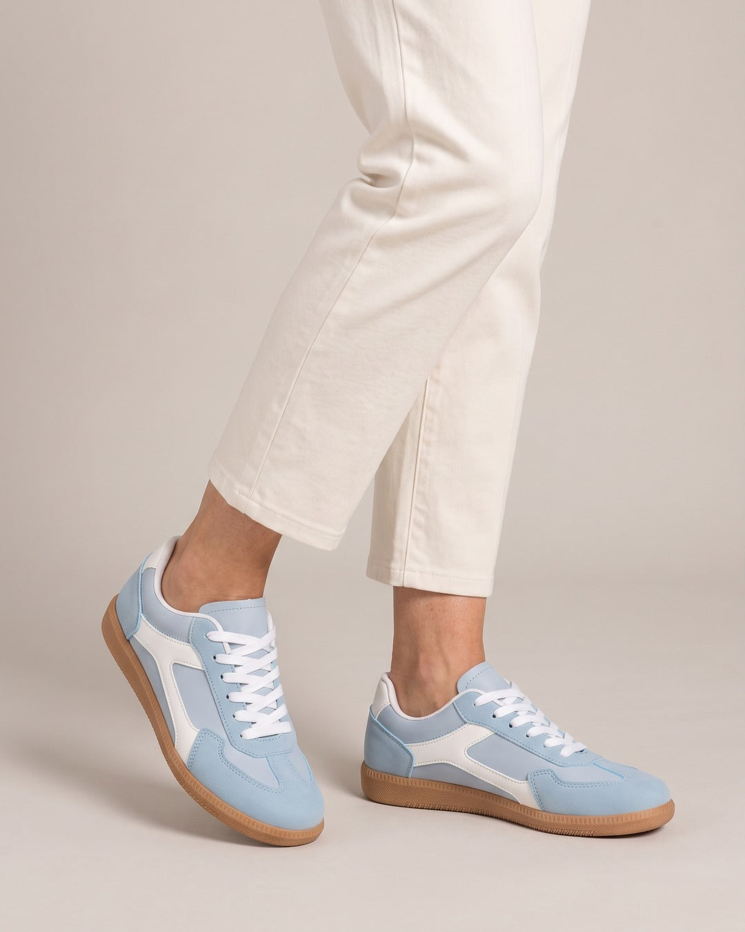 Colour-Block Retro Trainer in Sky Blue, worn